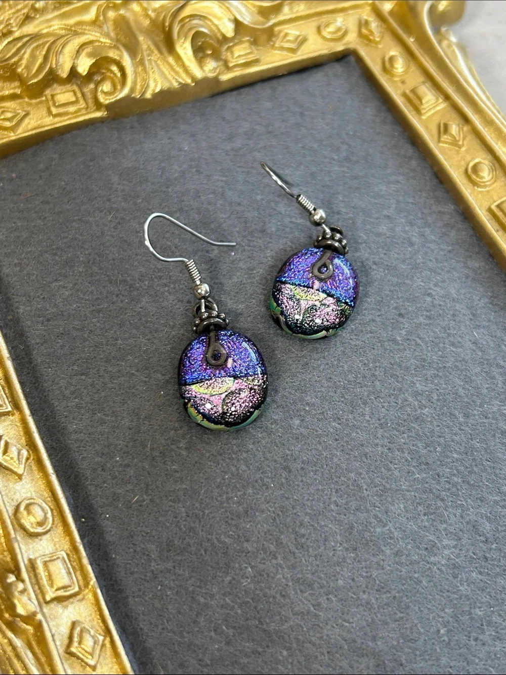 Handmade Dichroic Glass Drop Earrings - Purple Iridescent - Picture 3 of 4